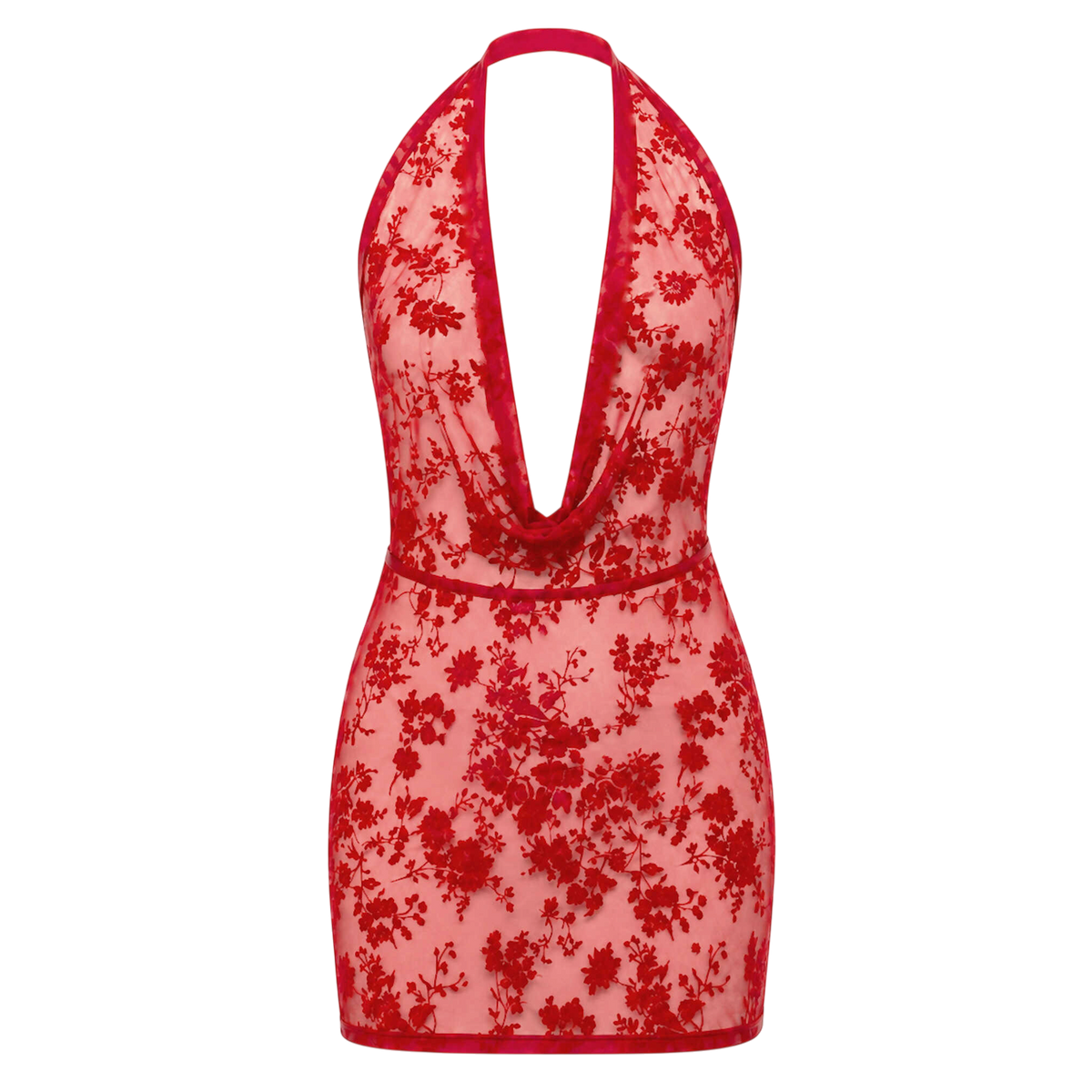 Robe courte rouge en tulle floque motifs fleuris, decollete benitier et lien tour de cou, vue produit face - Oh My God'Z