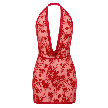 Robe courte rouge en tulle floque motifs fleuris, decollete benitier et lien tour de cou, vue produit face - Oh My God'Z