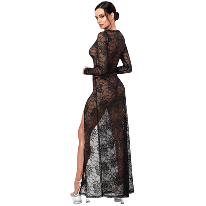 Robe longue dentelle noire transparente vue de dos, manches longues et fente haute sur la jambe - Oh My God'Z