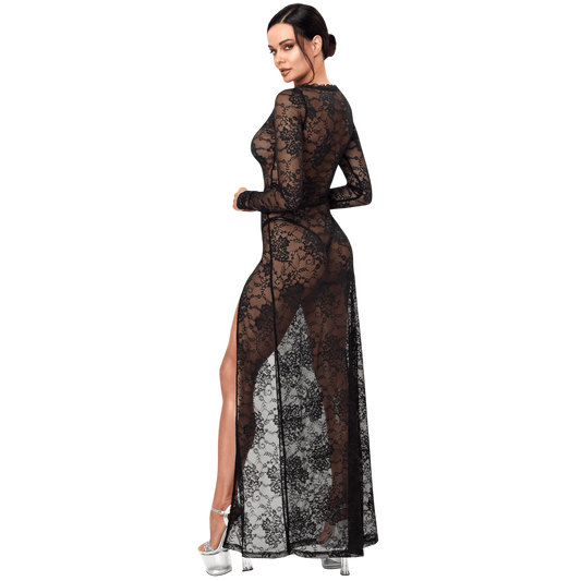 Robe longue dentelle noire transparente vue de dos, manches longues et fente haute sur la jambe - Oh My God'Z