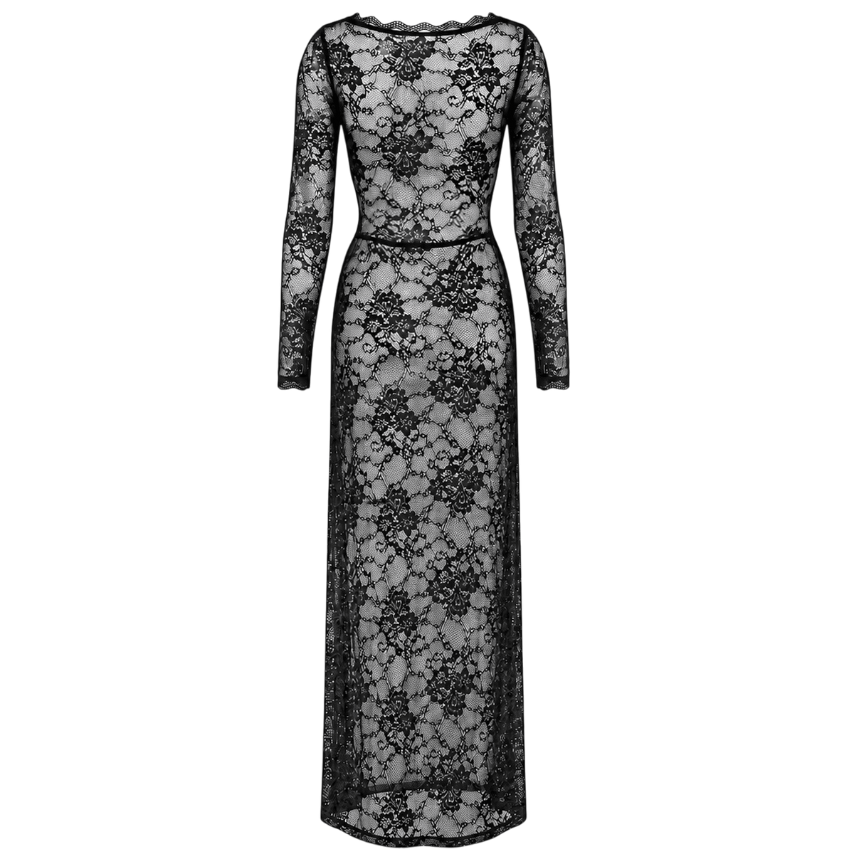 Robe longue en dentelle noire presentee a plat de dos, coupe ajustee et manches longues - Oh My God'Z