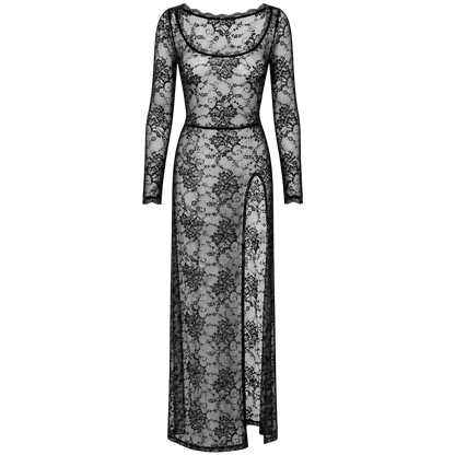 Robe longue en dentelle noire presentee a plat de face, manches longues et fente haute laterale - Oh My God'Z
