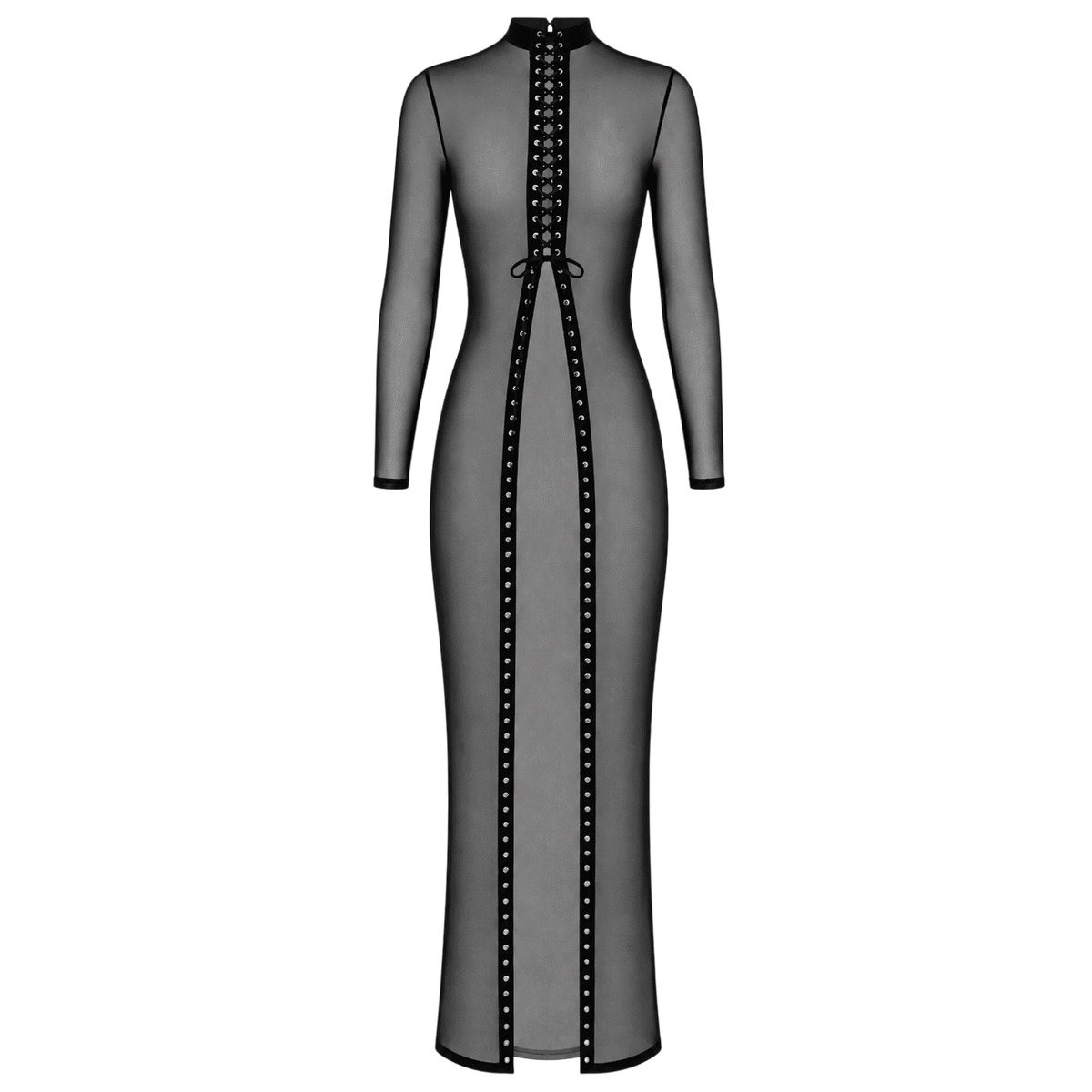 Robe longue noire en tulle transparent a lacage integral, presentee a plat sur fond blanc - Oh My God'Z
