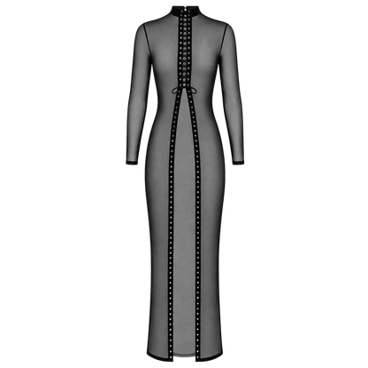 Robe longue noire en tulle transparent a lacage integral, presentee a plat sur fond blanc - Oh My God'Z