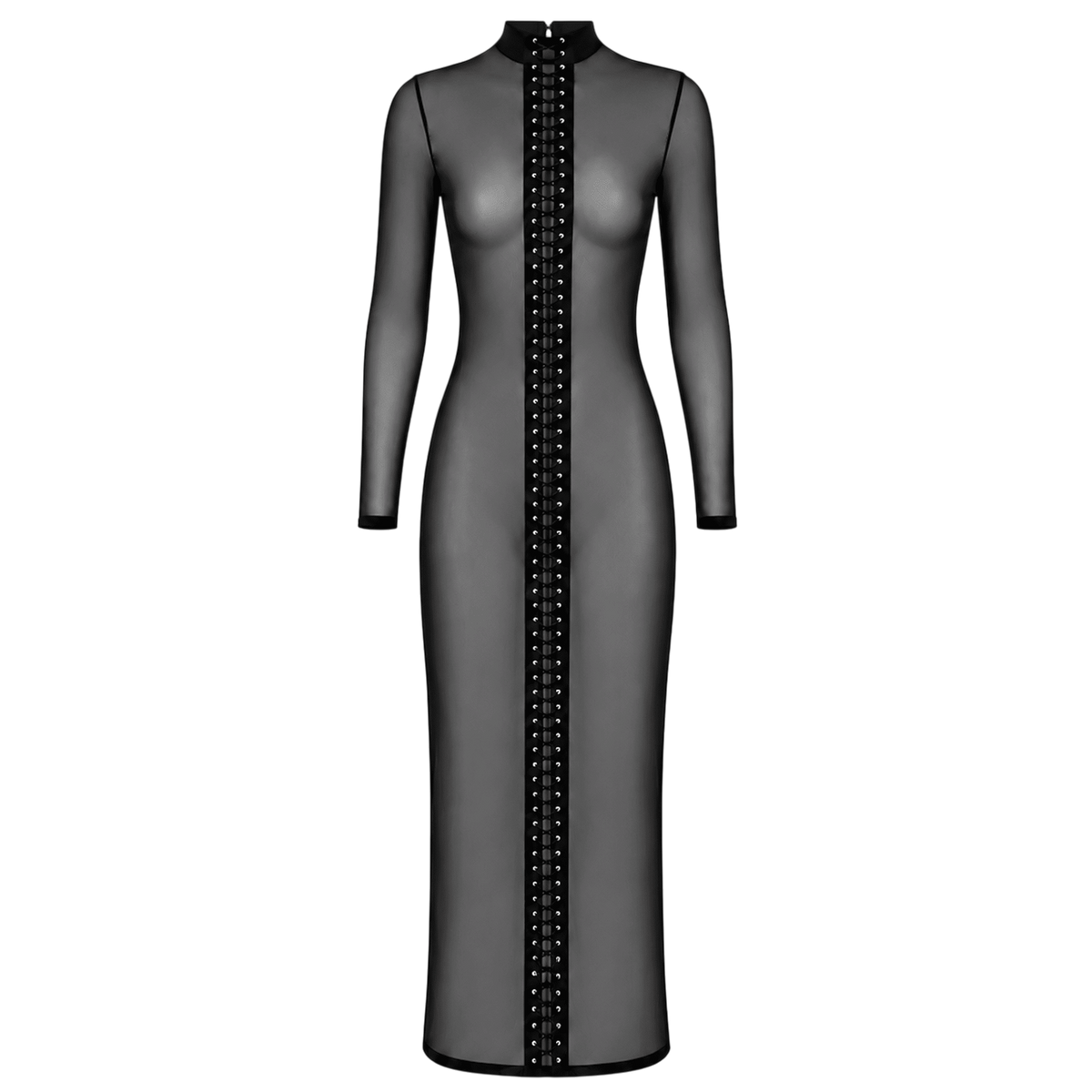 Robe longue noire en tulle transparent, lacage vertical du col au bas, vue de face sur fond blanc - Oh My God'Z