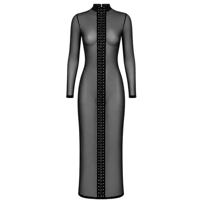 Robe longue noire en tulle transparent, lacage vertical du col au bas, vue de face sur fond blanc - Oh My God'Z