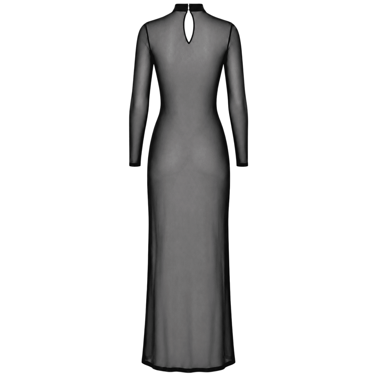Dos de la robe longue noire en tulle transparent avec ouverture goutte et col montant, fond blanc - Oh My God'Z