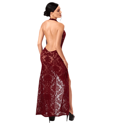 Vue de dos de la robe longue bordeaux en tulle floque, dos nu echancre et tour de cou - Oh My God'Z
