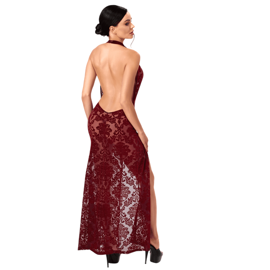 Vue de dos de la robe longue bordeaux en tulle floque, dos nu echancre et tour de cou - Oh My God'Z