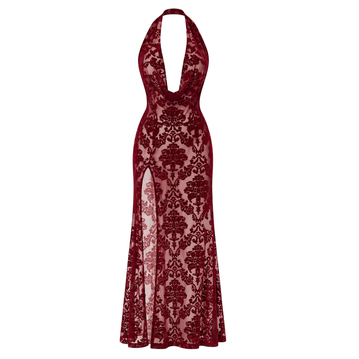 Robe longue bordeaux Noir Handmade a plat, tulle floque baroque, tour de cou et fente laterale - Oh My God'Z