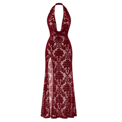 Robe longue bordeaux Noir Handmade a plat, tulle floque baroque, tour de cou et fente laterale - Oh My God'Z