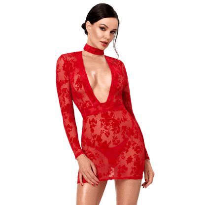 Mini robe rouge transparente en tulle floque fleuri, decollete V plongeant et col choker montant - Oh My God'Z