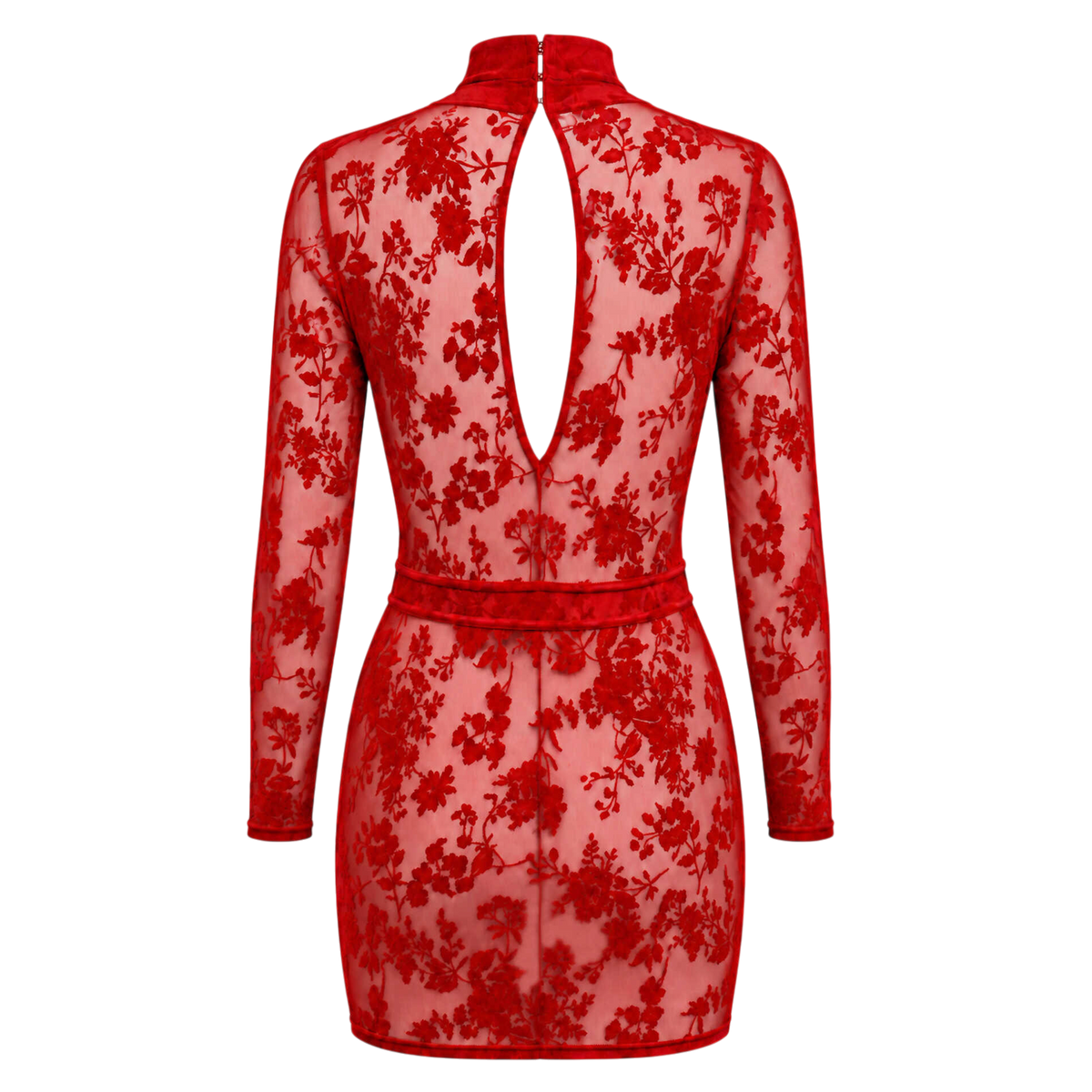 Dos de la robe rouge en tulle floque fleuri a plat, large ouverture dorsale et fermeture crochet - Oh My God'Z