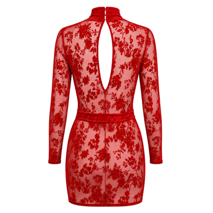 Dos de la robe rouge en tulle floque fleuri a plat, large ouverture dorsale et fermeture crochet - Oh My God'Z