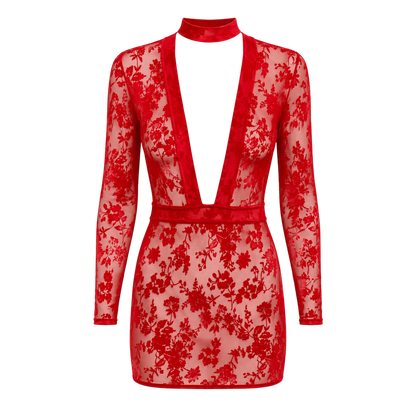Robe courte rouge en tulle floque fleuri presentee a plat, decollete V plongeant et col montant - Oh My God'Z