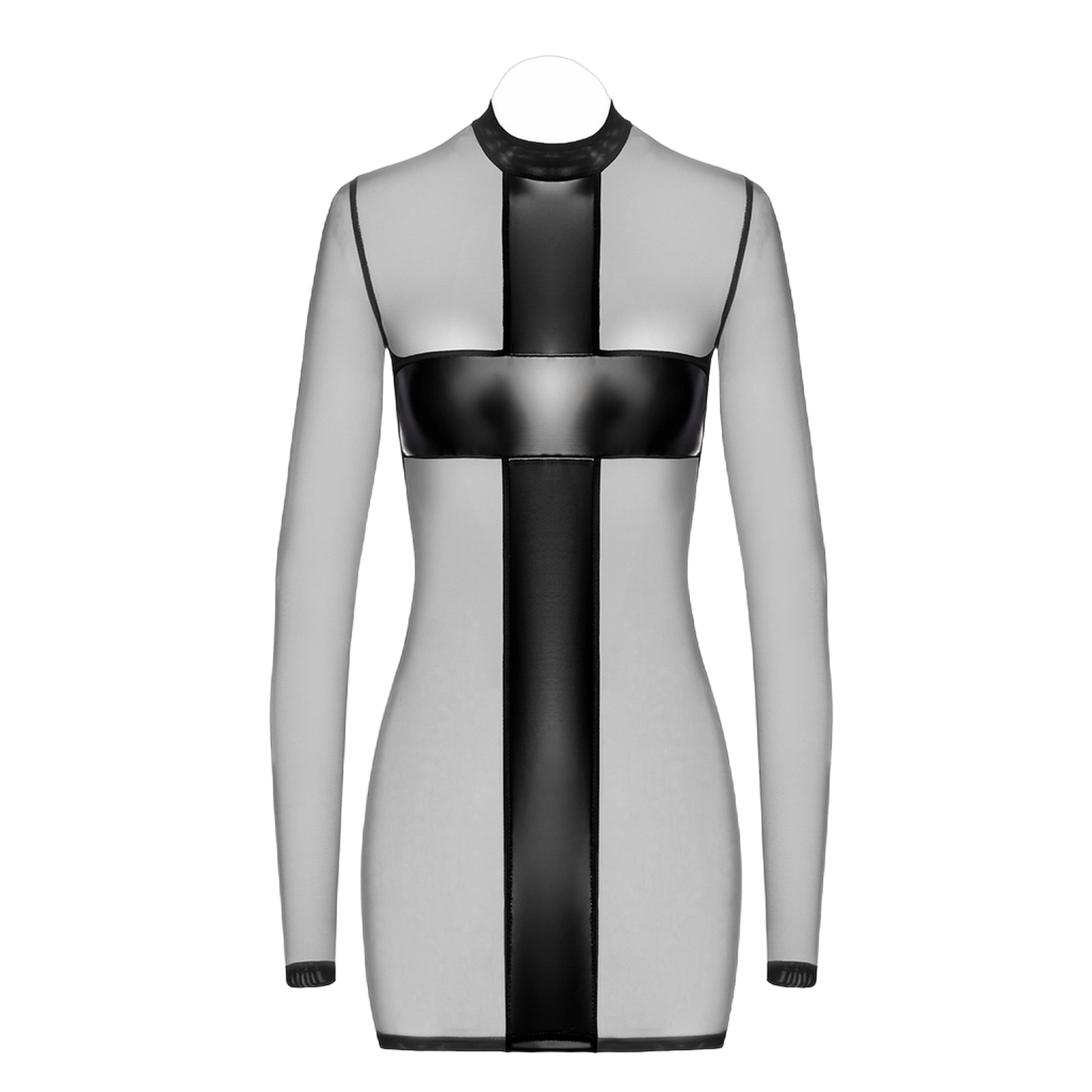 Détail de la structure de la robe Crossfire F369 avec empiècements wetlook sur fond neutre, vue de face
