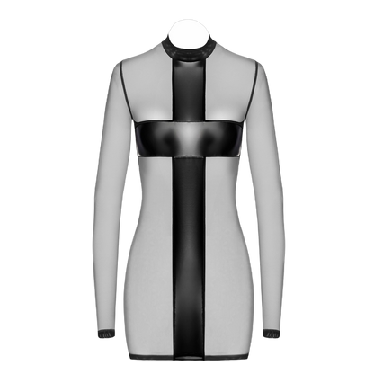 Détail de la structure de la robe Crossfire F369 avec empiècements wetlook sur fond neutre, vue de face
