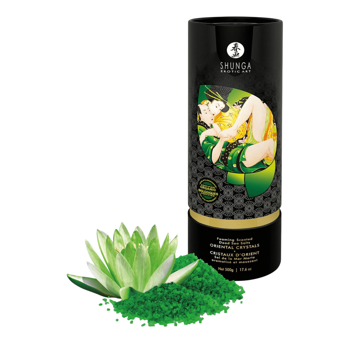 Tube noir de sel de la mer morte Shunga Fleur de Lotus 500 g avec cristaux verts et fleur - Oh My God'Z
