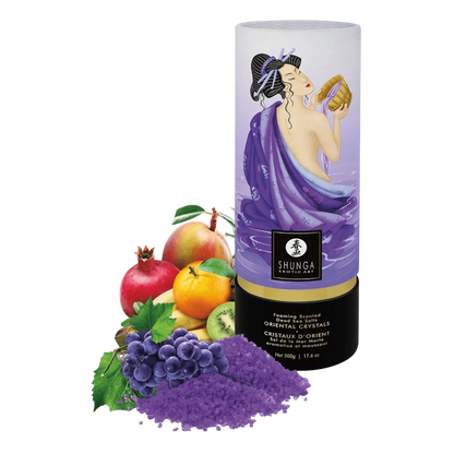 Tube de sel de la mer Morte moussant Shunga Fruits Exotiques, cristaux violets et fruits frais - Oh My God'Z
