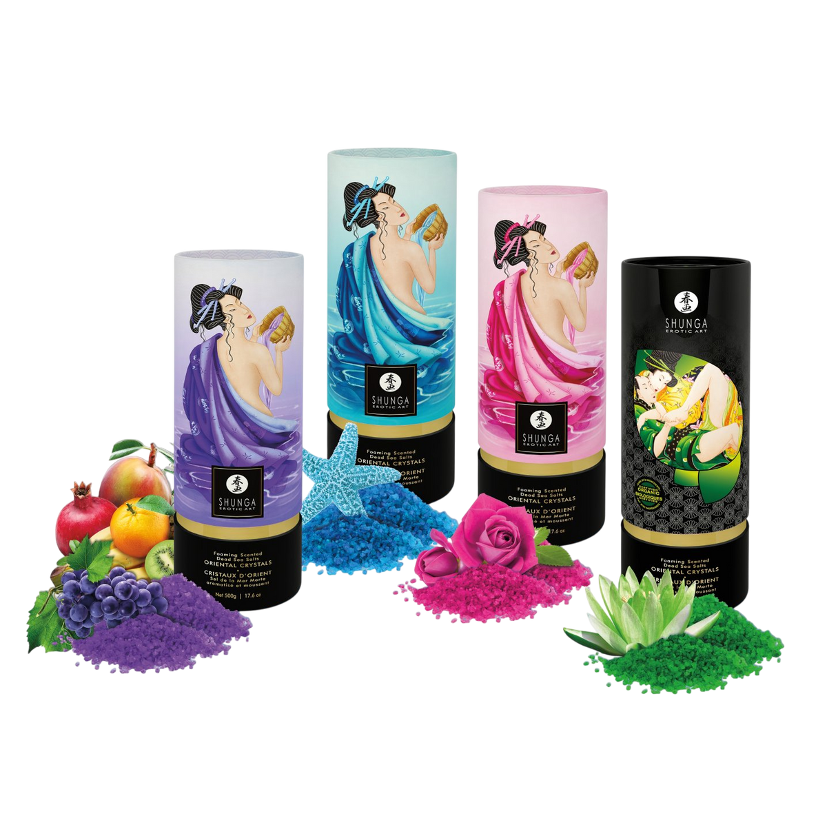 Gamme Shunga Oriental Crystals : sels de bain violet, bleu, rose et vert avec leurs tubes - Oh My God'Z