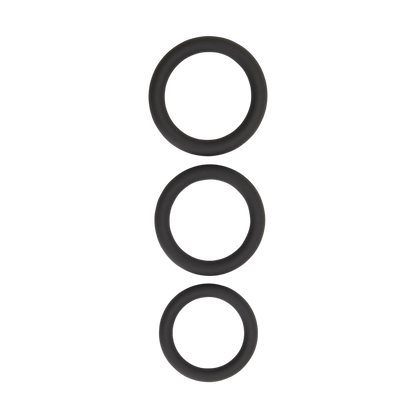 Trois anneaux peniens noirs en silicone doux alignes verticalement, diametres 3,5 / 4 / 4,5 cm - Oh My God'Z