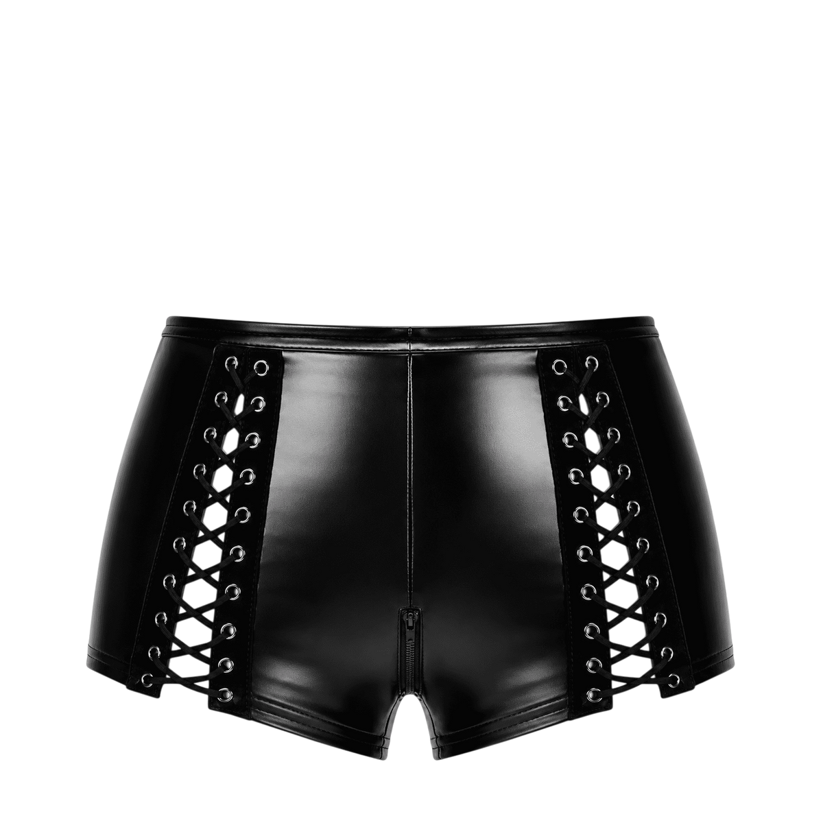Short noir brillant pose a plat montrant les deux lacages lateraux a oeillets et le zip central - Oh My God'Z