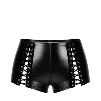 Short noir brillant pose a plat montrant les deux lacages lateraux a oeillets et le zip central - Oh My God'Z