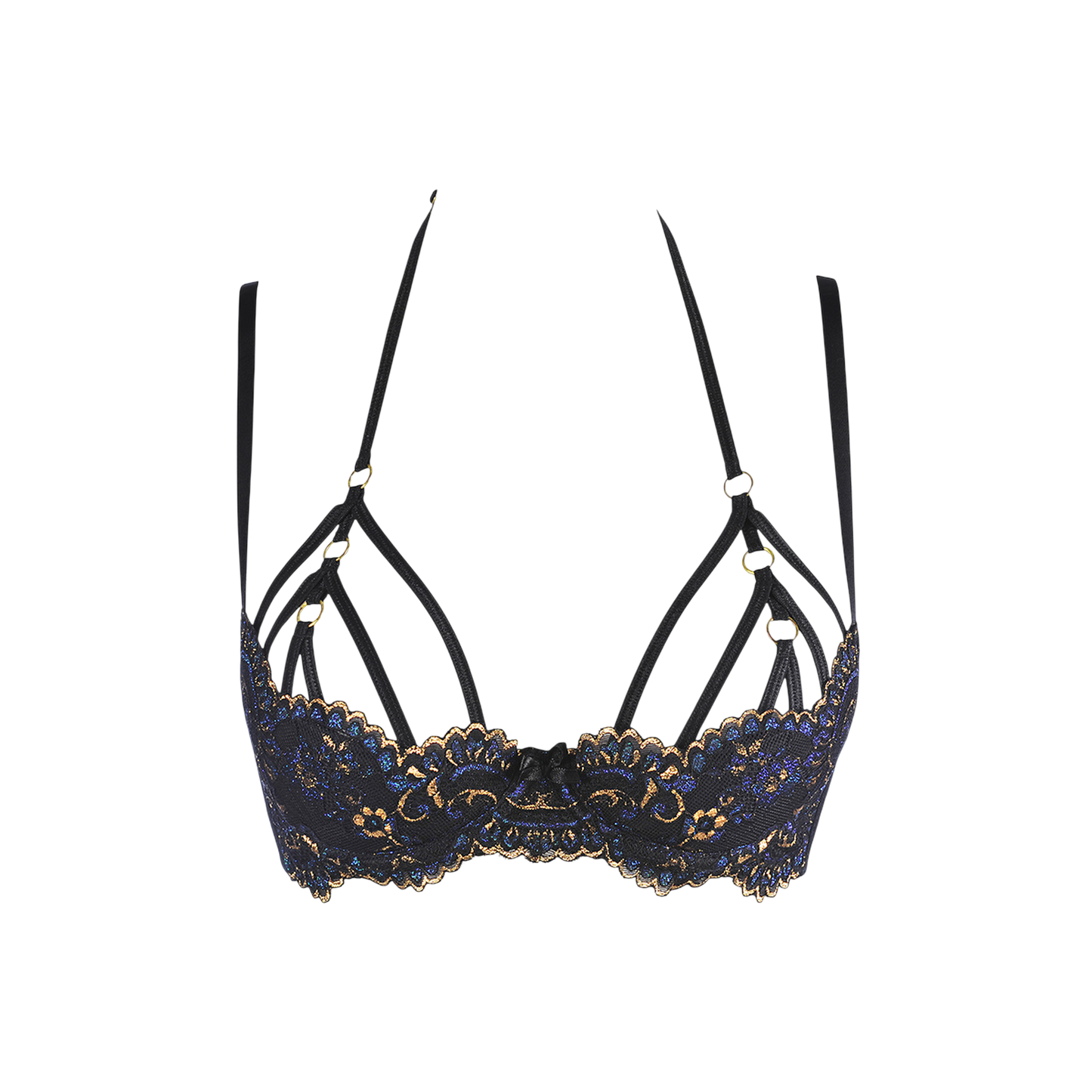 Détail des bonnets ouverts avec broderies aux reflets bleu et or, anneaux dorés et double bretellage - Oh My God'Z