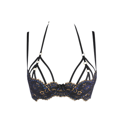 Détail des bonnets ouverts avec broderies aux reflets bleu et or, anneaux dorés et double bretellage - Oh My God'Z