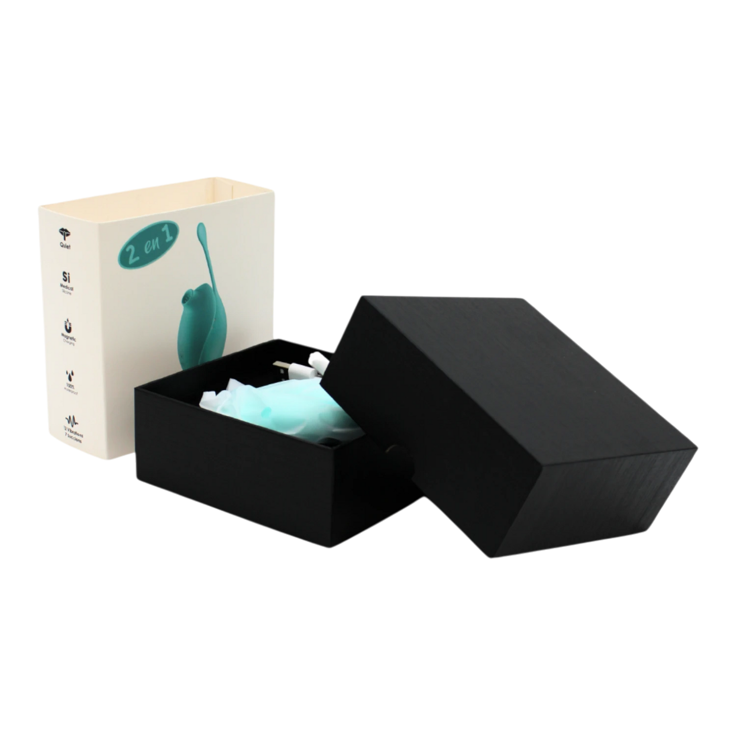 Coffret ouvert presentant stimulateur clitoridien turquoise et accessoires dans boite noire - Oh My God'Z