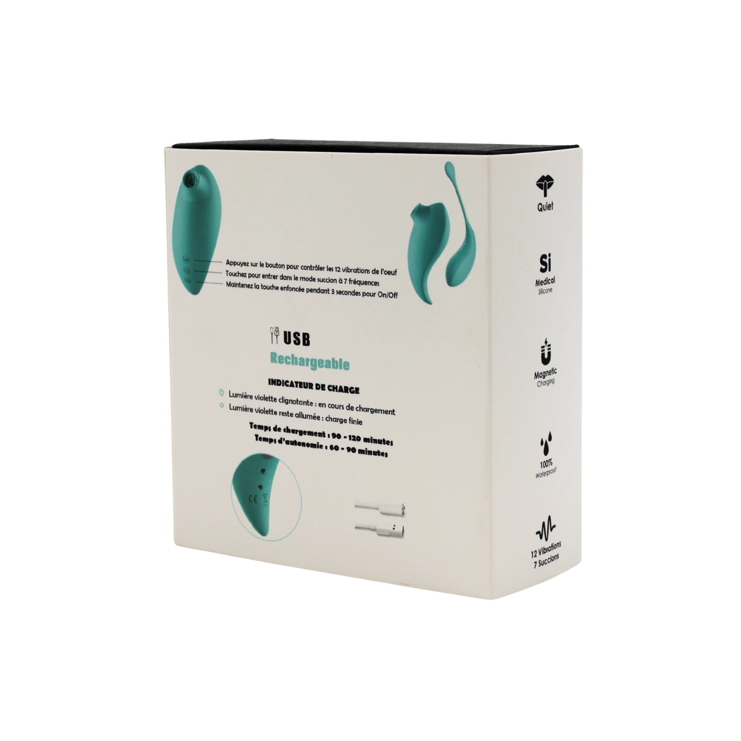 Informations techniques boite rechargeable USB 12 vibrations 7 succions waterproof turquoise - Oh My God'Z