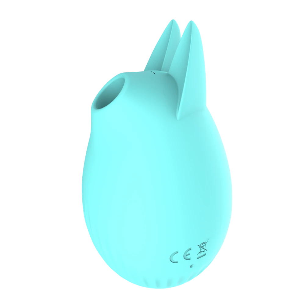 Stimulateur clitoridien Bunny bleu pastel en silicone, vue arrière avec marquages CE - Oh My God'Z