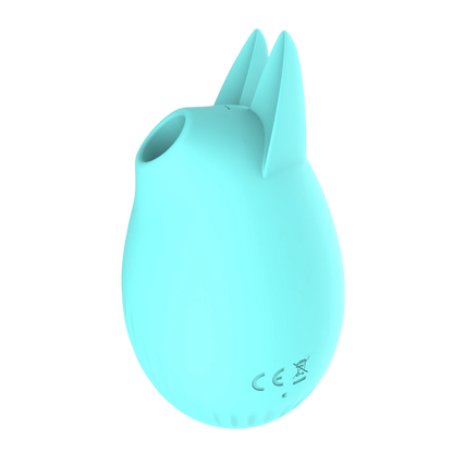 Stimulateur clitoridien Bunny bleu pastel en silicone, vue arrière avec marquages CE - Oh My God'Z