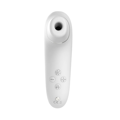 Vue de face du stimulateur clitoridien blanc avec buse d'aspiration circulaire et panneau de commandes - Oh My God'Z