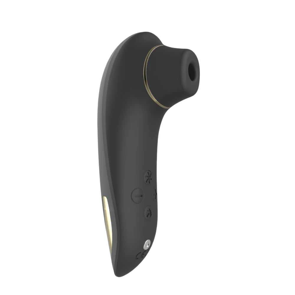 Stimulateur clitoridien Deluxe noir Mary vue de côté, design ergonomique avec buse et détails dorés - Oh My God'Z