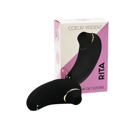 Stimulateur clitoridien Rita noir avec packaging rose, vue d'ensemble du produit et boîte - Oh My God'Z