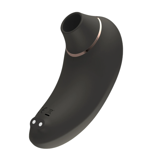 Stimulateur clitoridien Rita noir avec anneau rose gold, vue latérale sur fond blanc - Oh My God'Z