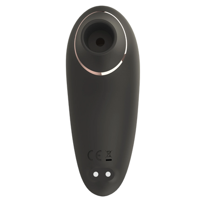 Stimulateur clitoridien Rita noir, vue de face montrant l'ouverture de succion et anneau rose gold - Oh My God'Z