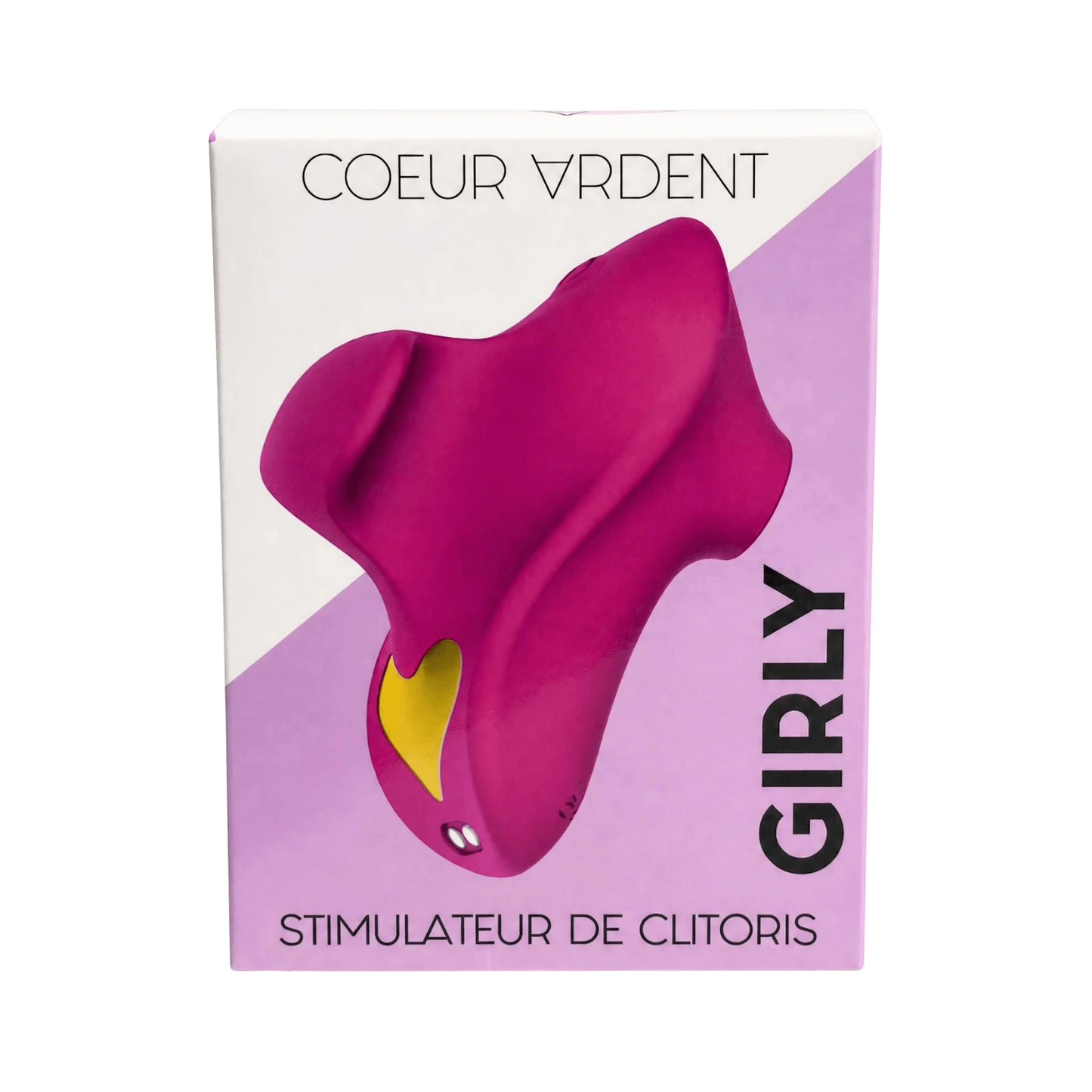 Boîte blanche et mauve du stimulateur Girly Coeur Ardent, design moderne avec visuel du produit rose - Oh My God'Z