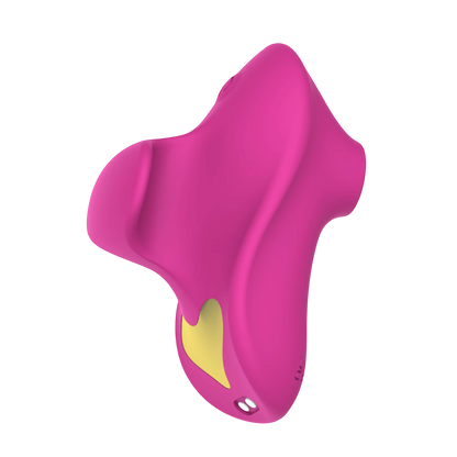 Stimulateur clitoridien Girly rose fuchsia en silicone avec motif coeur jaune, vue de trois-quarts - Oh My God'Z