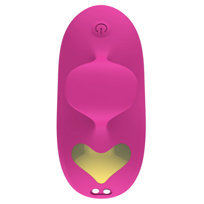 Vue dessous du stimulateur Girly rose avec boutons de contrôle et ouverture de charge USB, motif coeur - Oh My God'Z