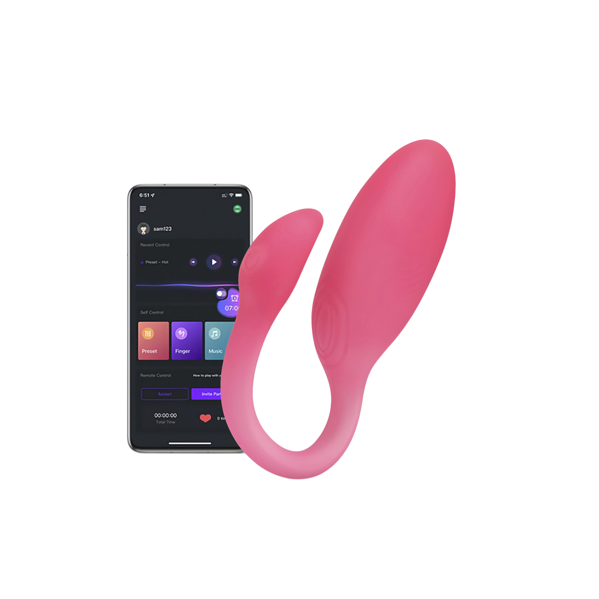 Stimulateur connecte Flamingo Max rose en silicone Magic Motion avec smartphone affichant l'application - Oh My God'Z