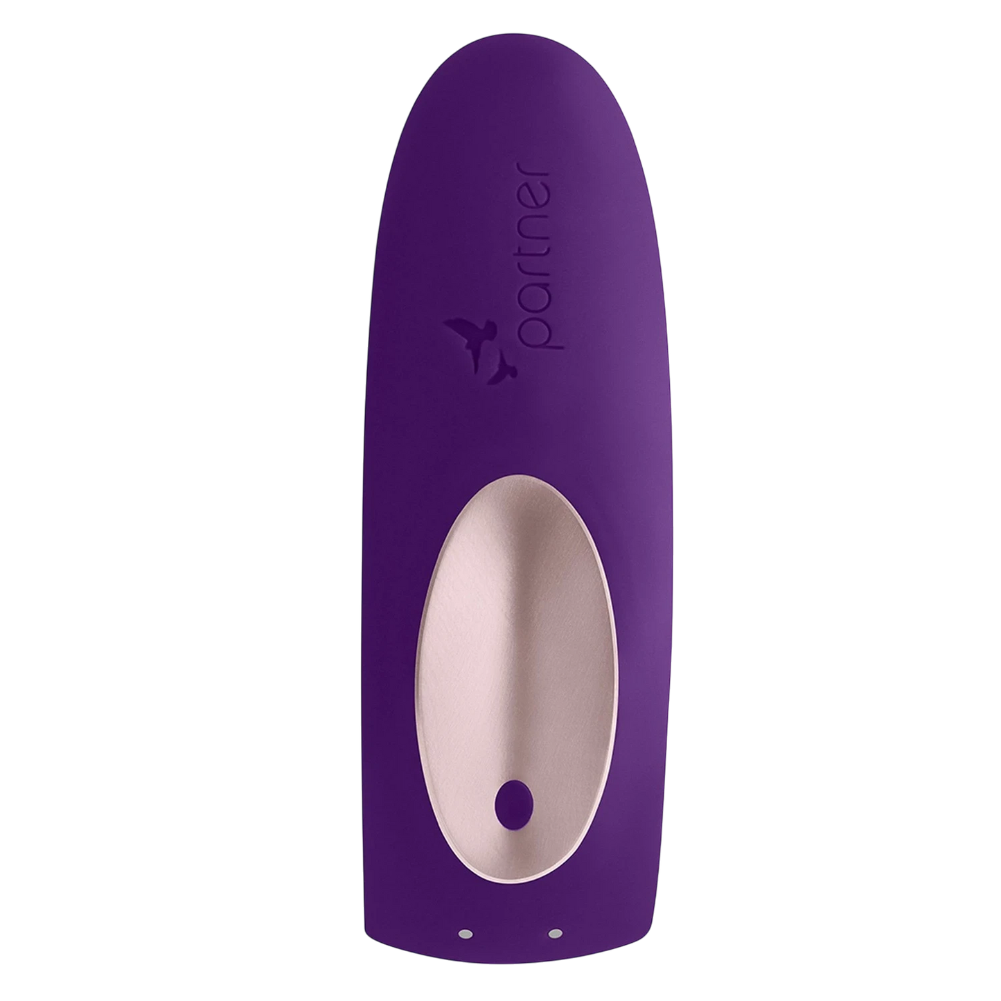 Vue détaillée du stimulateur Partner Plus violet en silicone avec logo Satisfyer et surface douce - Oh My God'Z
