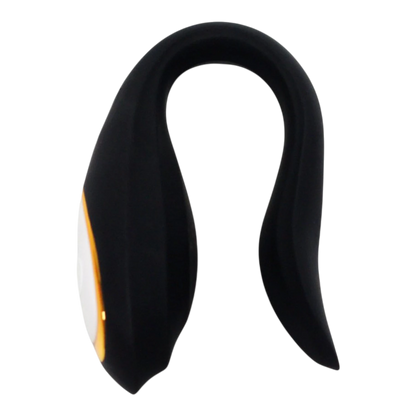 Vue de dessus du stimulateur Osmose forme C en silicone noir avec détail doré et bouton de contrôle blanc - Oh My God'Z