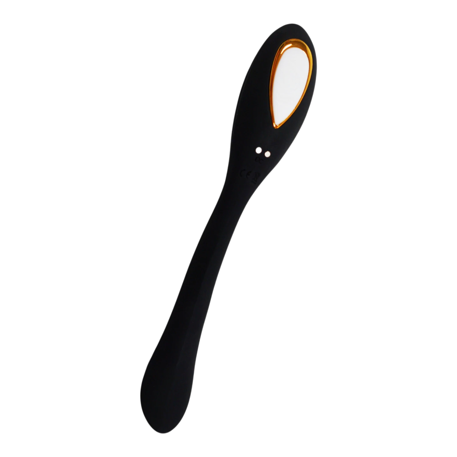 Vue rapprochée de la tête du stimulateur Osmose noir en silicone avec liseré doré et bouton de commande - Oh My God'Z