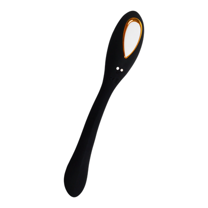 Vue rapprochée de la tête du stimulateur Osmose noir en silicone avec liseré doré et bouton de commande - Oh My God'Z