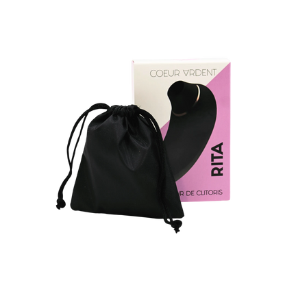 Stimulateur Rita noir avec pochette de rangement en tissu noir et boîte rose Coeur Ardent - Oh My God'Z