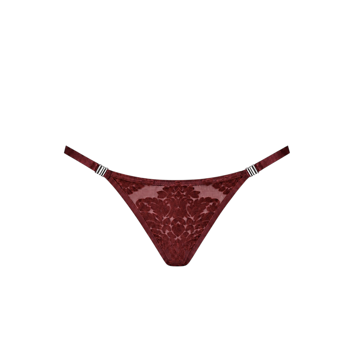String Masquerade bordeaux en tulle floque motif ornemental et details argentes, vue produit - Oh My God'Z
