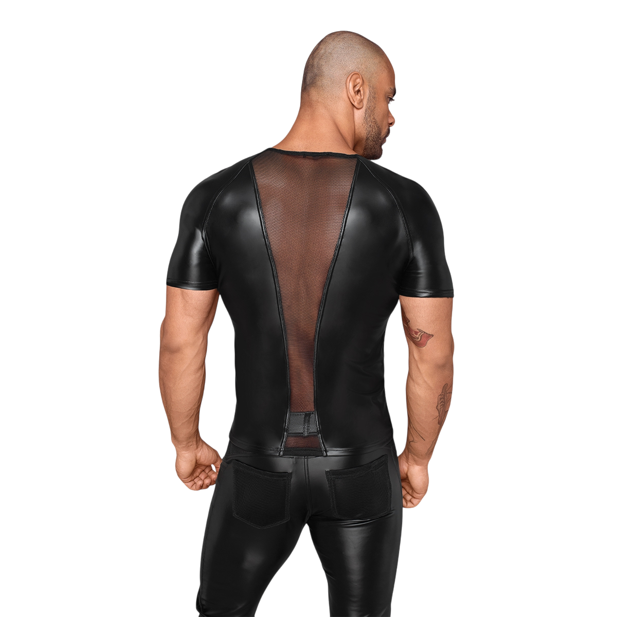 Vue de dos du t-shirt noir Noir Handmade en powerwetlook avec large bande de filet 3D transparent - Oh My God'Z