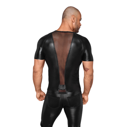 Vue de dos du t-shirt noir Noir Handmade en powerwetlook avec large bande de filet 3D transparent - Oh My God'Z